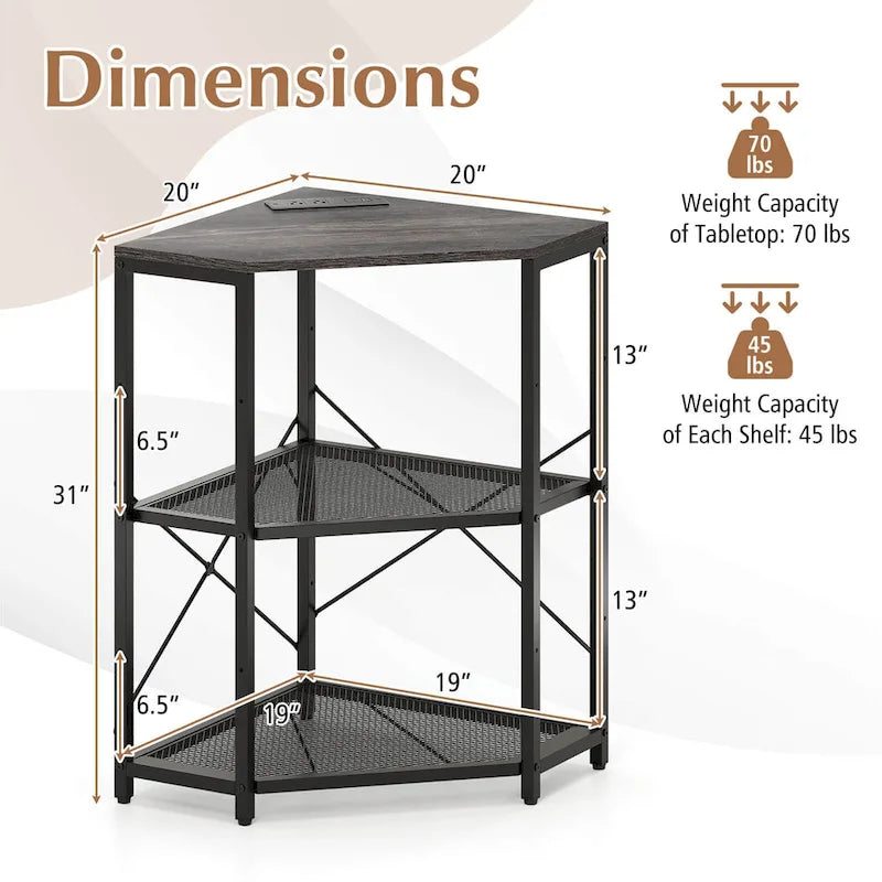Meuble d'angle pour imprimante avec station de recharge – Noir, 3 niveaux, simple
