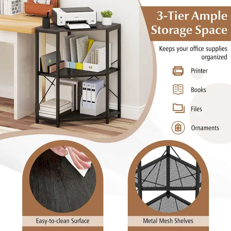 Meuble d'angle pour imprimante avec station de recharge – Noir, 3 niveaux, simple