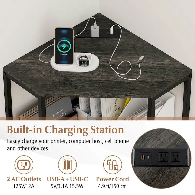 Meuble d'angle pour imprimante avec station de recharge – Noir, 3 niveaux, simple