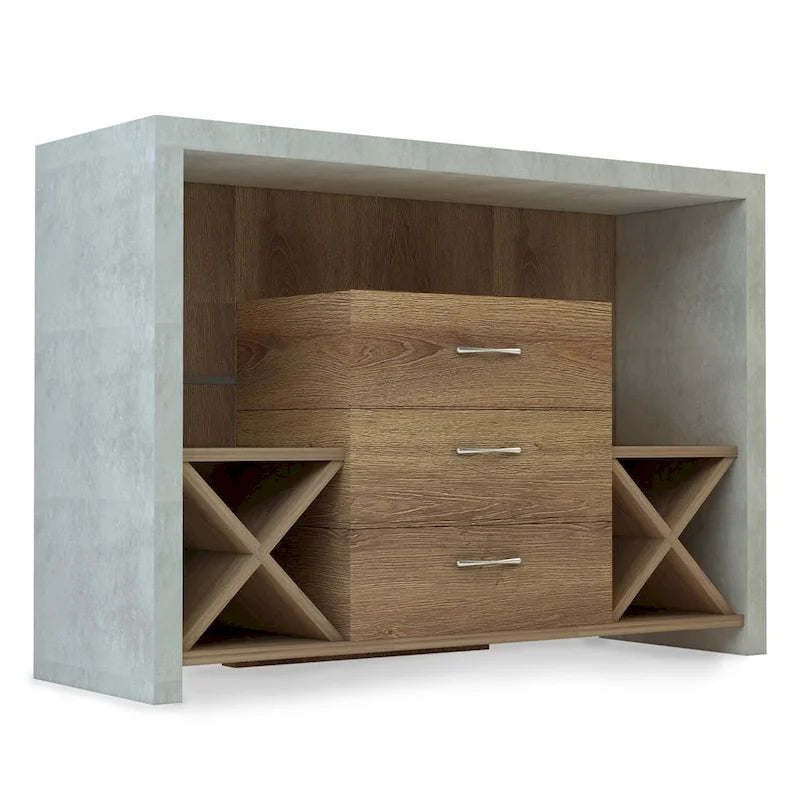 Buffet 3 tiroirs avec casier à vin et étagères ouvertes – Noir / Noyer vieilli, Style industriel, Simple