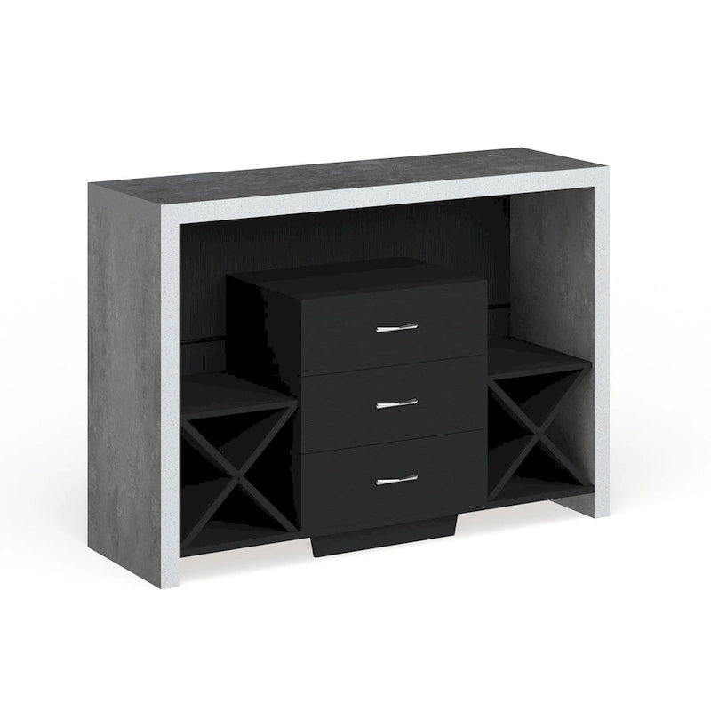 Buffet 3 tiroirs avec casier à vin et étagères ouvertes – Noir / Noyer vieilli, Style industriel, Simple