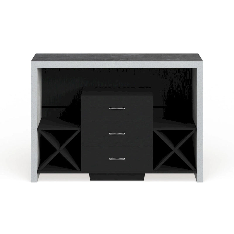 Buffet 3 tiroirs avec casier à vin et étagères ouvertes – Noir / Noyer vieilli, Style industriel, Simple