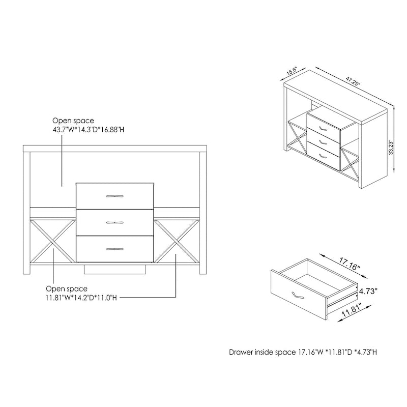 Buffet 3 tiroirs avec casier à vin et étagères ouvertes – Noir / Noyer vieilli, Style industriel, Simple