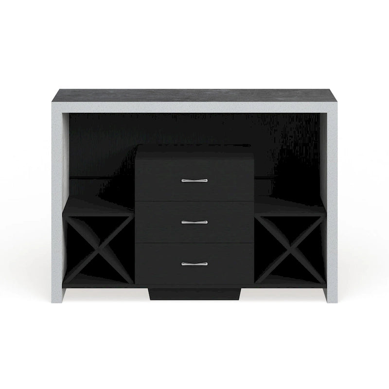 Buffet 3 tiroirs avec casier à vin et étagères ouvertes – Noir / Noyer vieilli, Style industriel, Simple