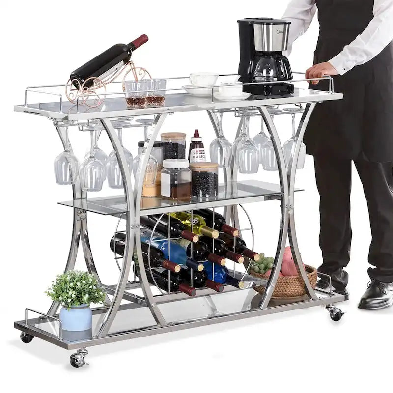 Desserte de bar en métal à 3 niveaux avec verre trempé – Chrome/Doré, style moderne, simple
