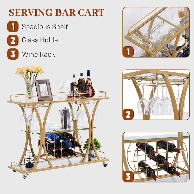 Desserte de bar en métal à 3 niveaux avec verre trempé – Chrome/Doré, style moderne, simple