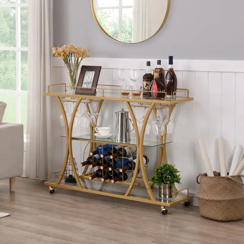 Desserte de bar en métal à 3 niveaux avec verre trempé – Chrome/Doré, style moderne, simple
