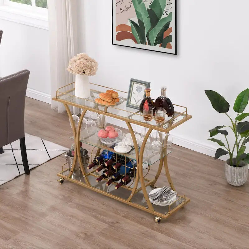 Desserte de bar en métal à 3 niveaux avec verre trempé – Chrome/Doré, style moderne, simple