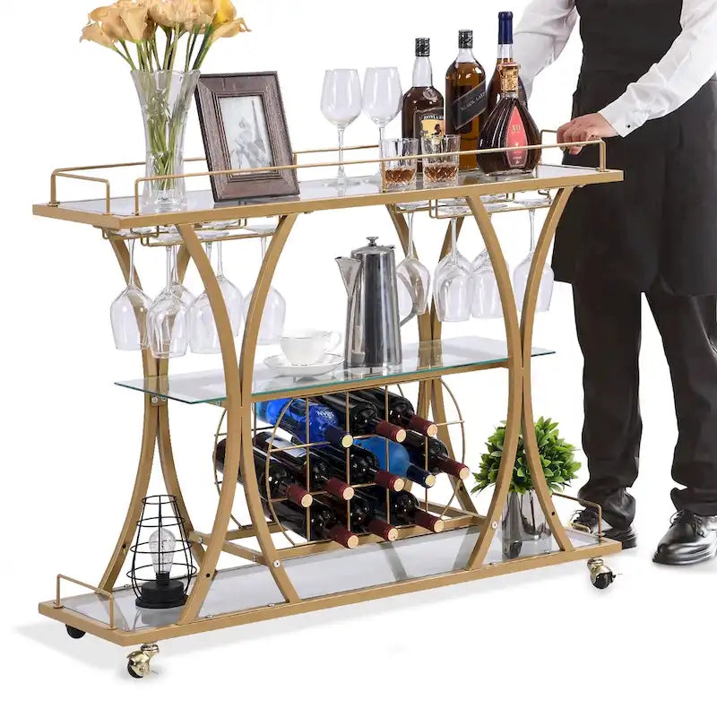 Desserte de bar en métal à 3 niveaux avec verre trempé – Chrome/Doré, style moderne, simple