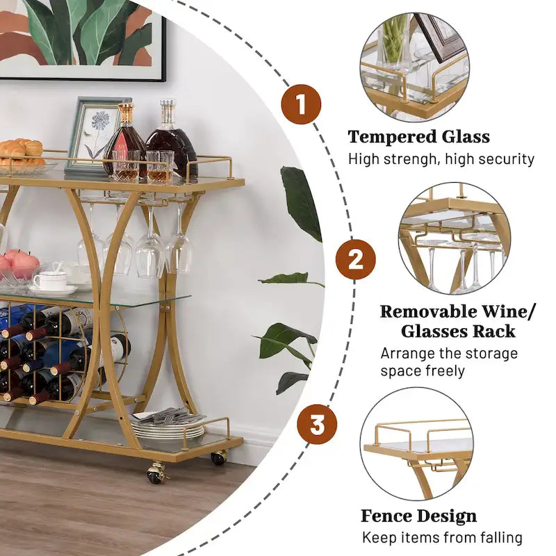 Desserte de bar en métal à 3 niveaux avec verre trempé – Chrome/Doré, style moderne, simple