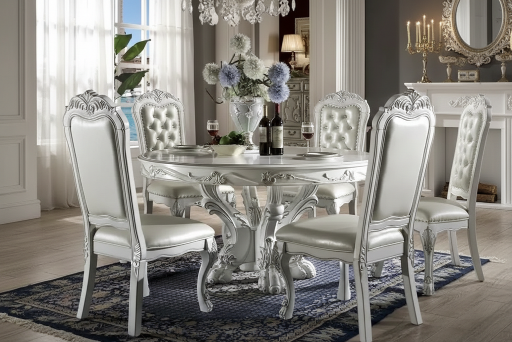Table à manger ronde avec pieds griffes – Blanche, style classique, pour 4 à 6 personnes