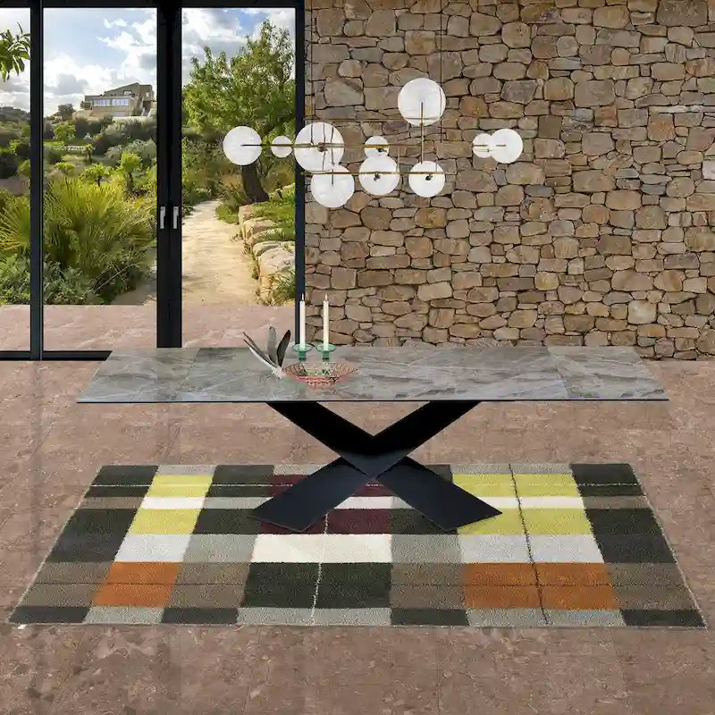 Table à manger extensible plateau marbre – Marbre gris / Noir, Style moderne, 6-10 places