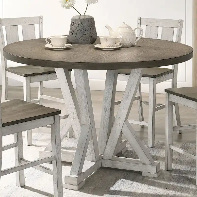 Table à manger ronde hauteur comptoir – brun cendré, style rustique, 4 places