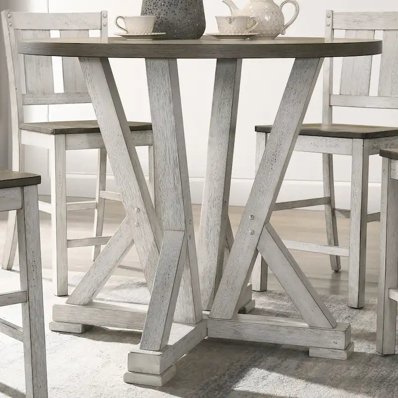 Table à manger ronde hauteur comptoir – brun cendré, style rustique, 4 places