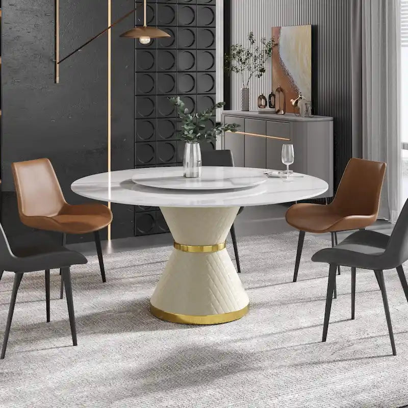 Table à manger ronde en marbre avec plateau tournant – Blanc / Noir, style moderne, 4–6 places