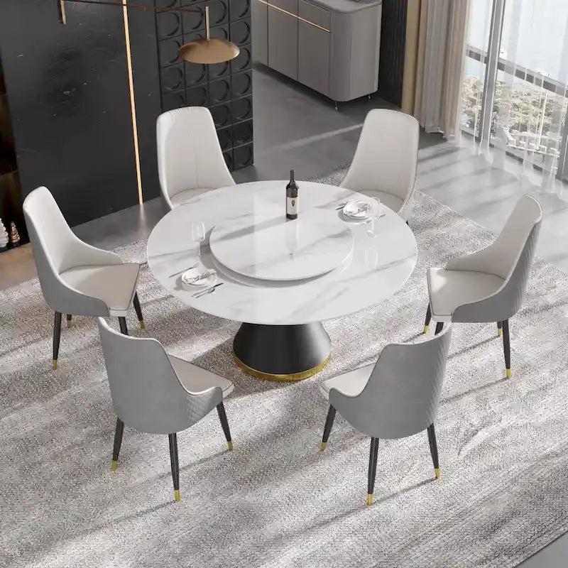 Table à manger ronde en marbre avec plateau tournant – Blanc / Noir, style moderne, 4–6 places