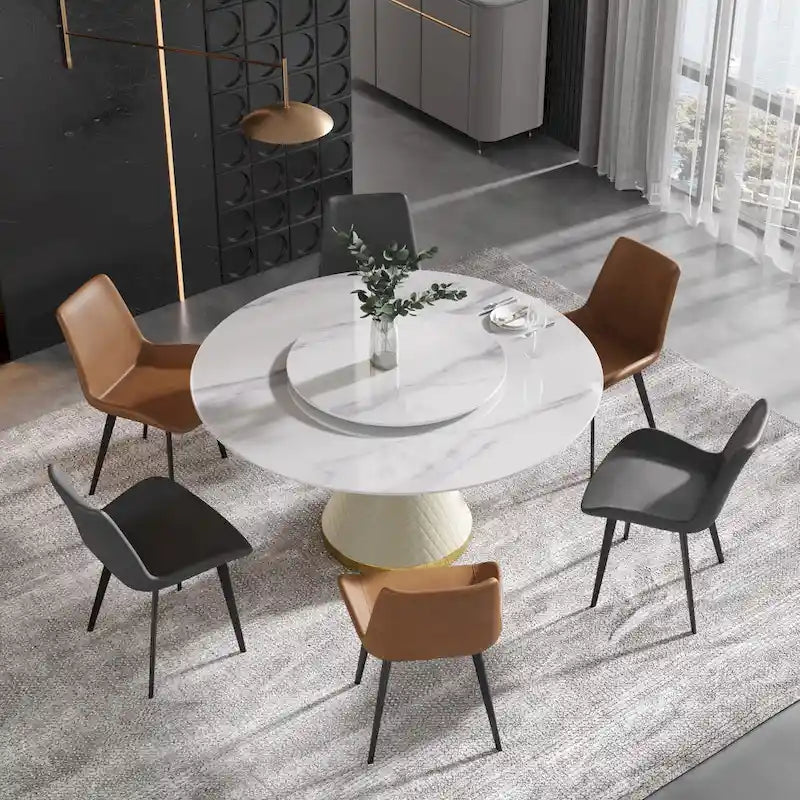 Table à manger ronde en marbre avec plateau tournant – Blanc / Noir, style moderne, 4–6 places