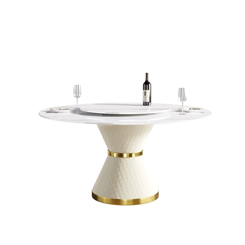Table à manger ronde en marbre avec plateau tournant – Blanc / Noir, style moderne, 4–6 places