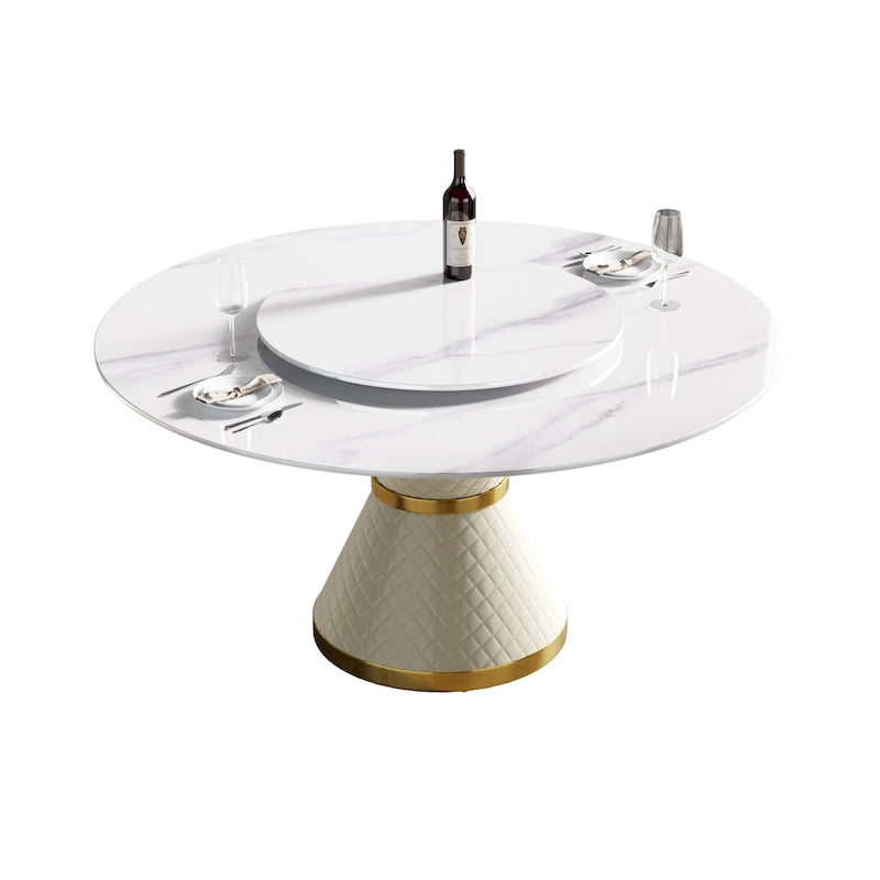 Table à manger ronde en marbre avec plateau tournant – Blanc / Noir, style moderne, 4–6 places
