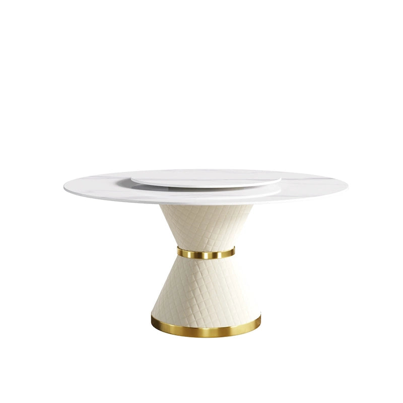 Table à manger ronde en marbre avec plateau tournant – Blanc / Noir, style moderne, 4–6 places