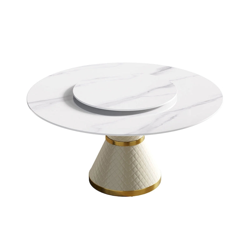 Table à manger ronde en marbre avec plateau tournant – Blanc / Noir, style moderne, 4–6 places