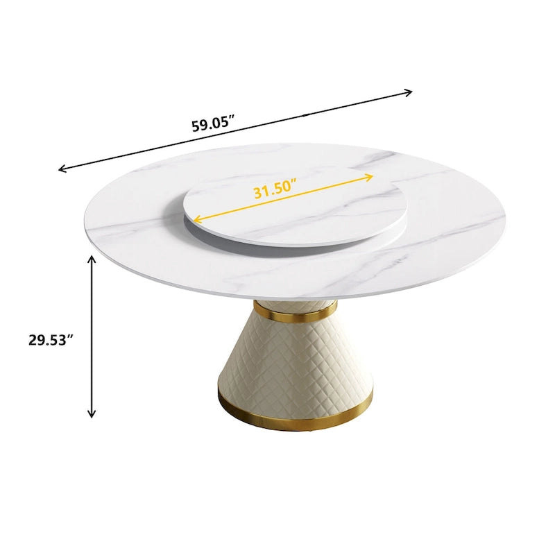 Table à manger ronde en marbre avec plateau tournant – Blanc / Noir, style moderne, 4–6 places