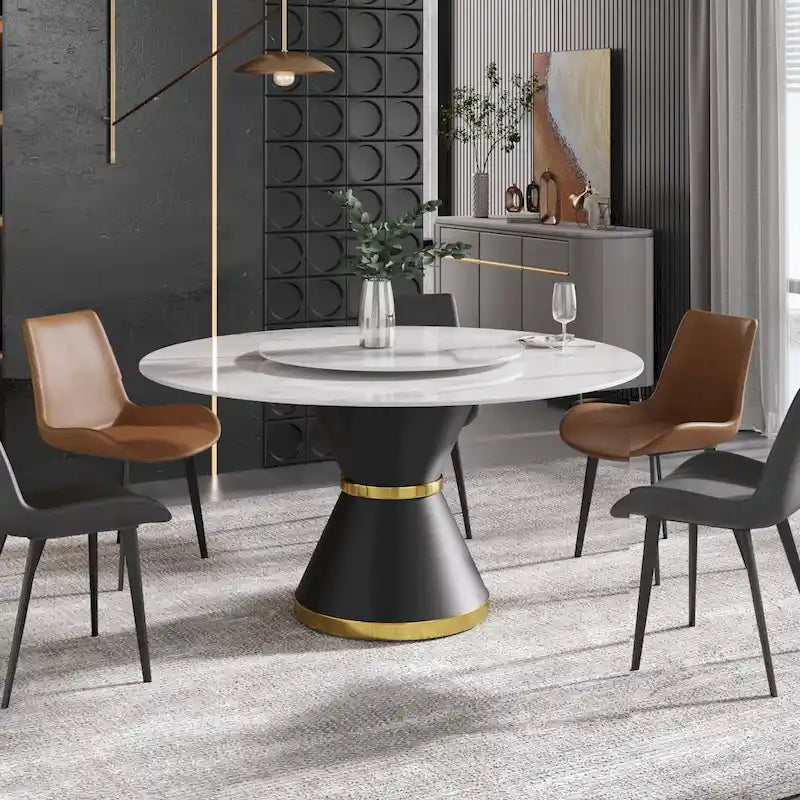 Table à manger ronde en marbre avec plateau tournant – Blanc / Noir, style moderne, 4–6 places