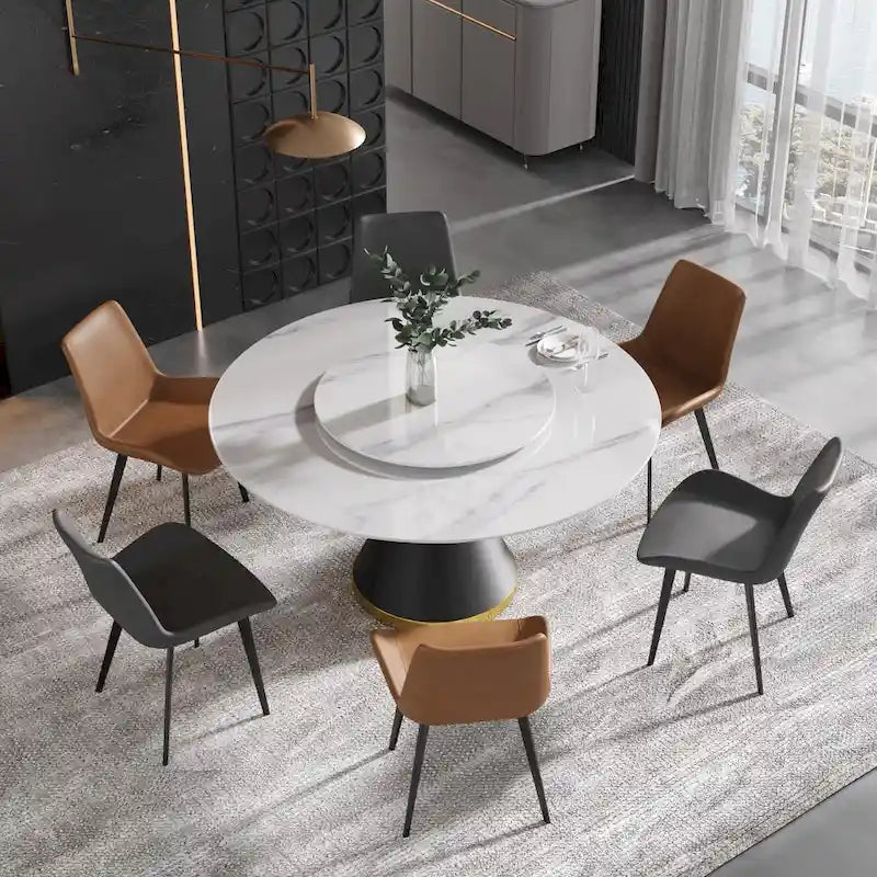 Table à manger ronde en marbre avec plateau tournant – Blanc / Noir, style moderne, 4–6 places