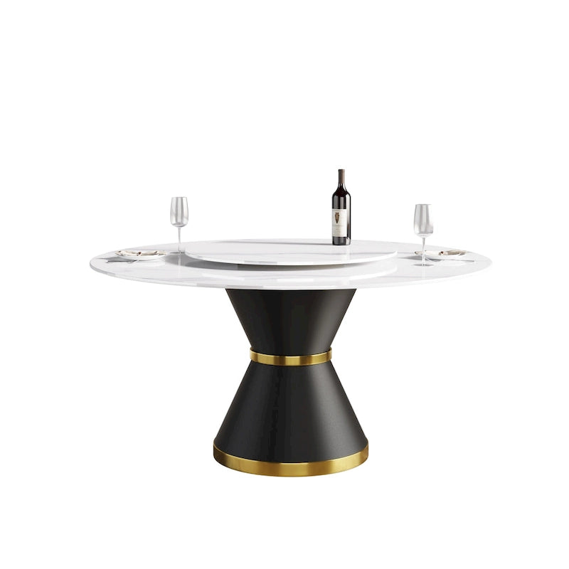 Table à manger ronde en marbre avec plateau tournant – Blanc / Noir, style moderne, 4–6 places