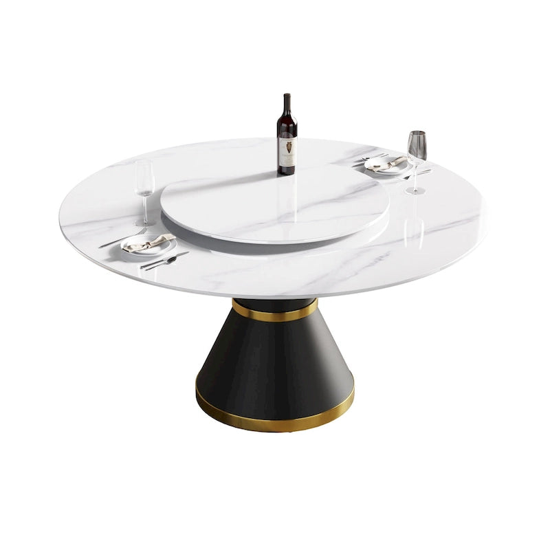 Table à manger ronde en marbre avec plateau tournant – Blanc / Noir, style moderne, 4–6 places