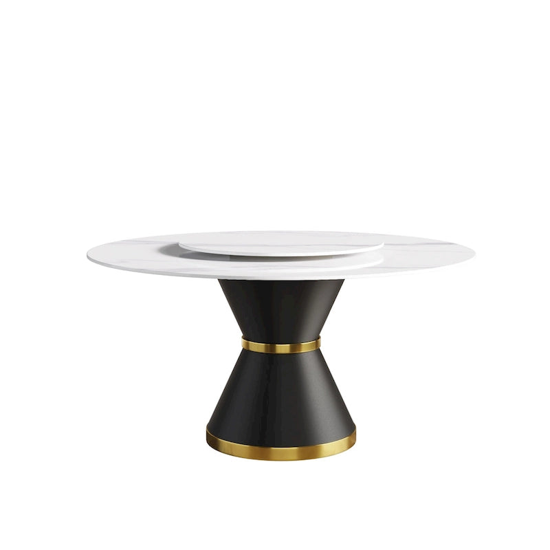 Table à manger ronde en marbre avec plateau tournant – Blanc / Noir, style moderne, 4–6 places
