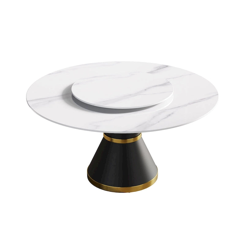 Table à manger ronde en marbre avec plateau tournant – Blanc / Noir, style moderne, 4–6 places