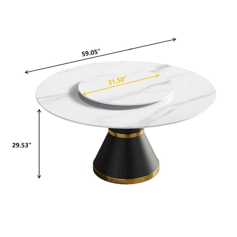 Table à manger ronde en marbre avec plateau tournant – Blanc / Noir, style moderne, 4–6 places