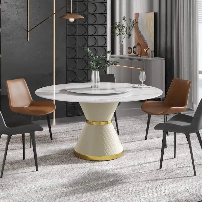 Table à manger ronde en marbre avec plateau tournant – Blanc / Noir, style moderne, 4–6 places
