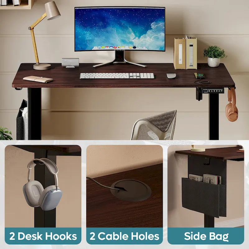 Bureau debout électrique réglable en hauteur – Noyer / Chêne blanc, Monomoteur, Simple