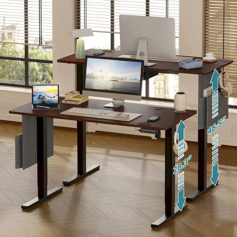 Bureau debout électrique réglable en hauteur – Noyer / Chêne blanc, Monomoteur, Simple