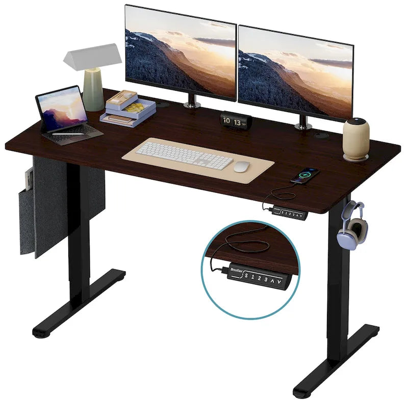 Bureau debout électrique réglable en hauteur – Noyer / Chêne blanc, Monomoteur, Simple