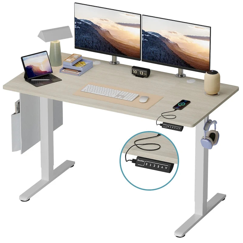 Bureau debout électrique réglable en hauteur – Noyer / Chêne blanc, Monomoteur, Simple