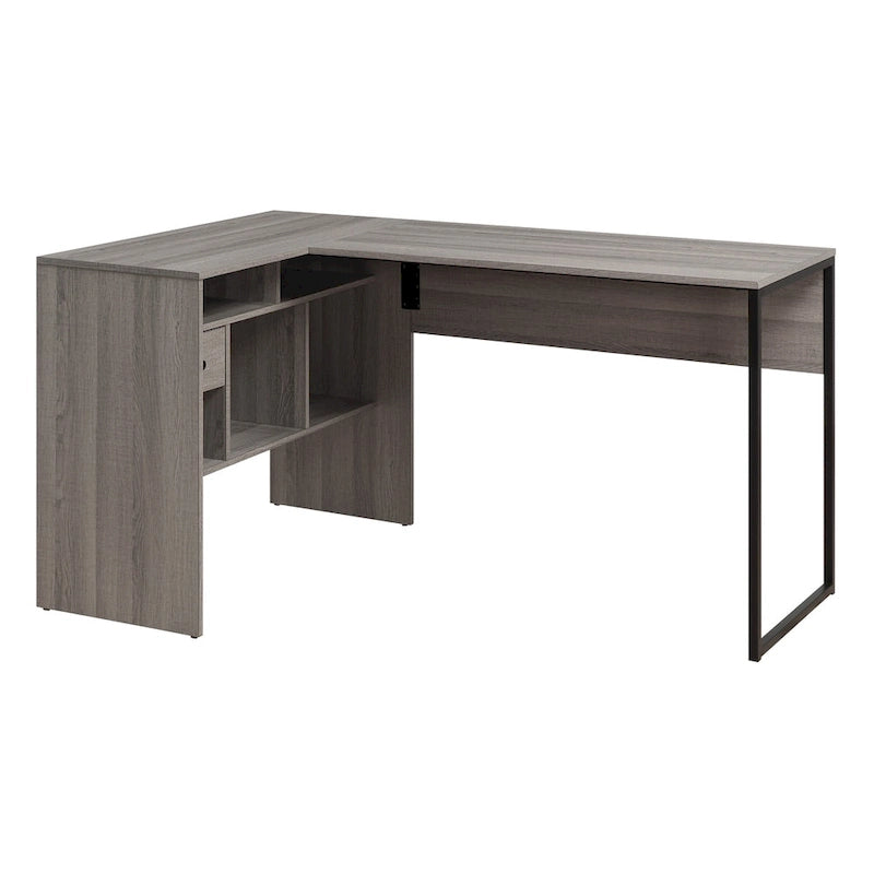 Bureau d'angle avec tiroir et rangement – Gris, finition bois, simple