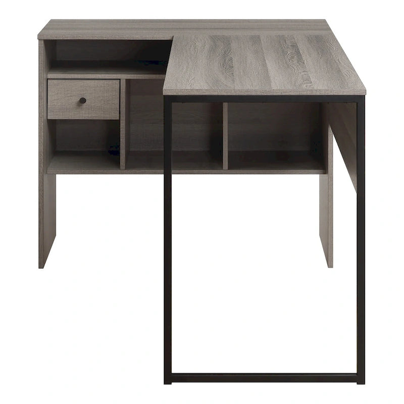 Bureau d'angle avec tiroir et rangement – Gris, finition bois, simple