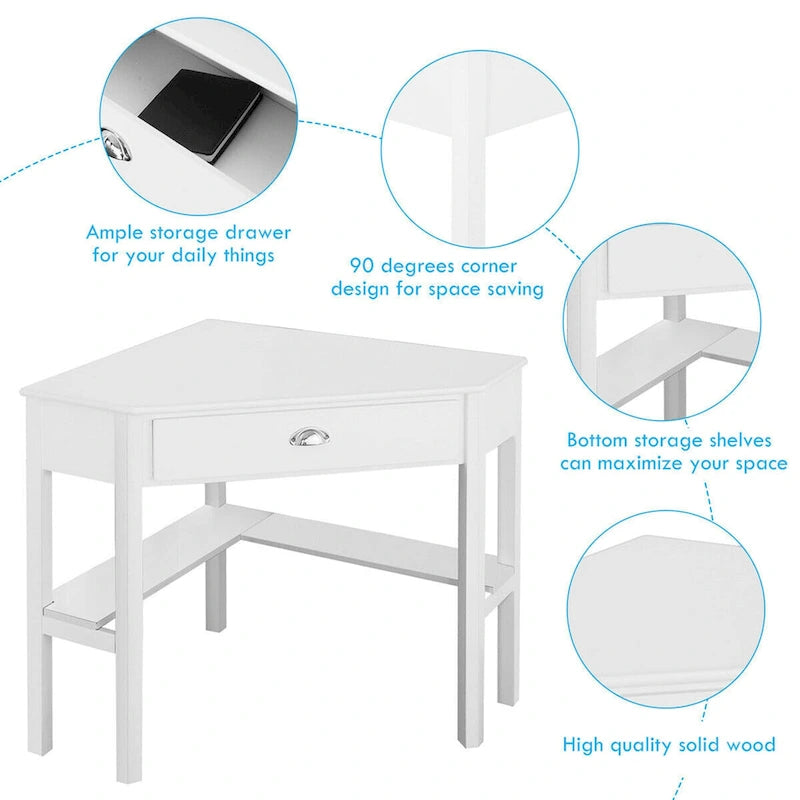 Bureau d'angle informatique avec tiroir et étagères – Blanc, gain de place, simple