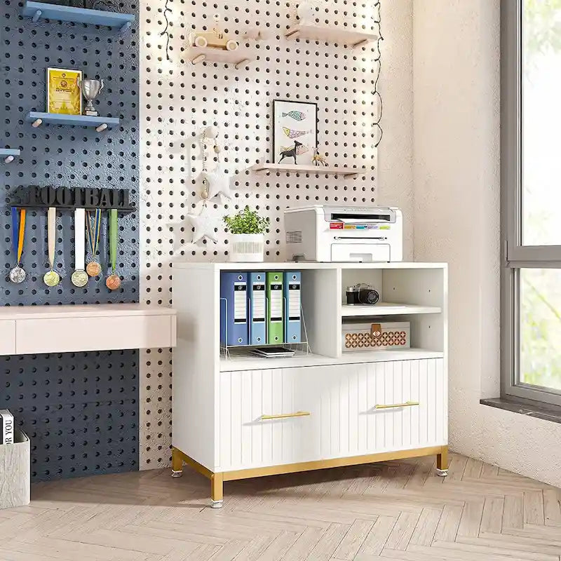 Classeur latéral avec tiroir – Blanc / Marron, Style moderne, Simple