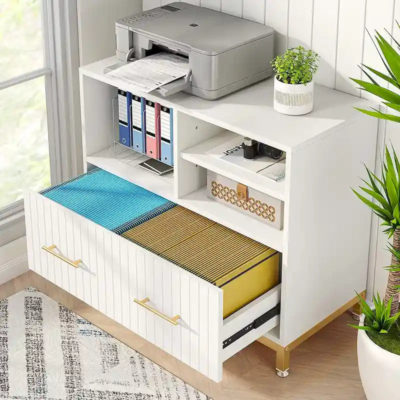Classeur latéral avec tiroir – Blanc / Marron, Style moderne, Simple