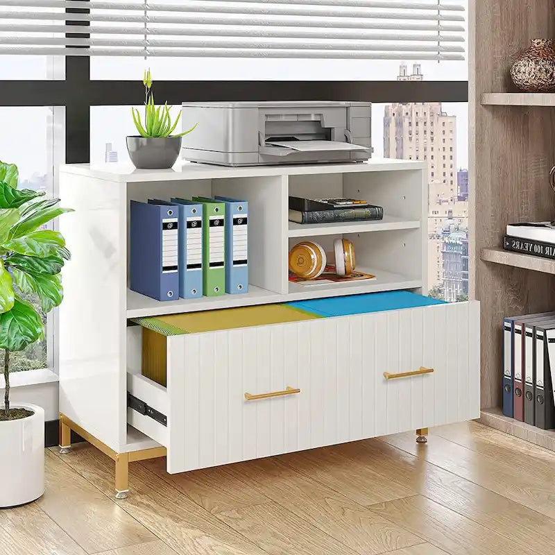 Classeur latéral avec tiroir – Blanc / Marron, Style moderne, Simple