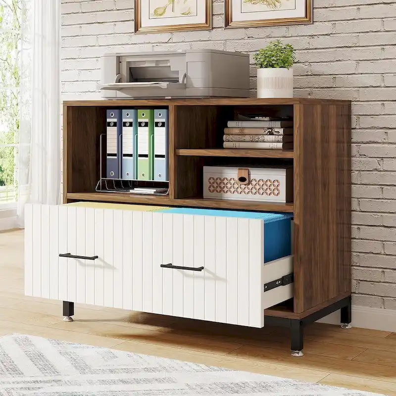 Classeur latéral avec tiroir – Blanc / Marron, Style moderne, Simple