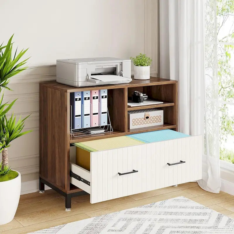 Classeur latéral avec tiroir – Blanc / Marron, Style moderne, Simple