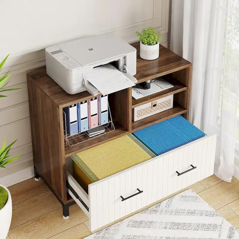Classeur latéral avec tiroir – Blanc / Marron, Style moderne, Simple