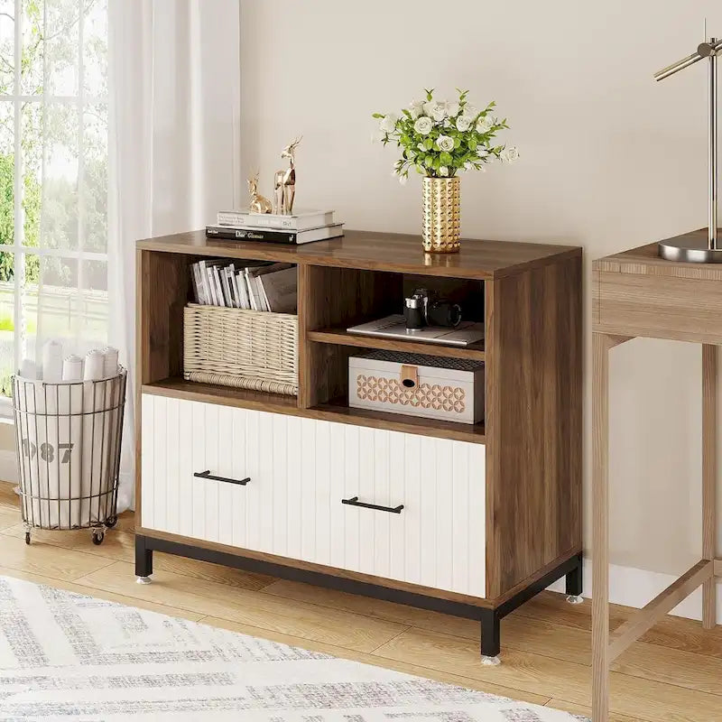 Classeur latéral avec tiroir – Blanc / Marron, Style moderne, Simple
