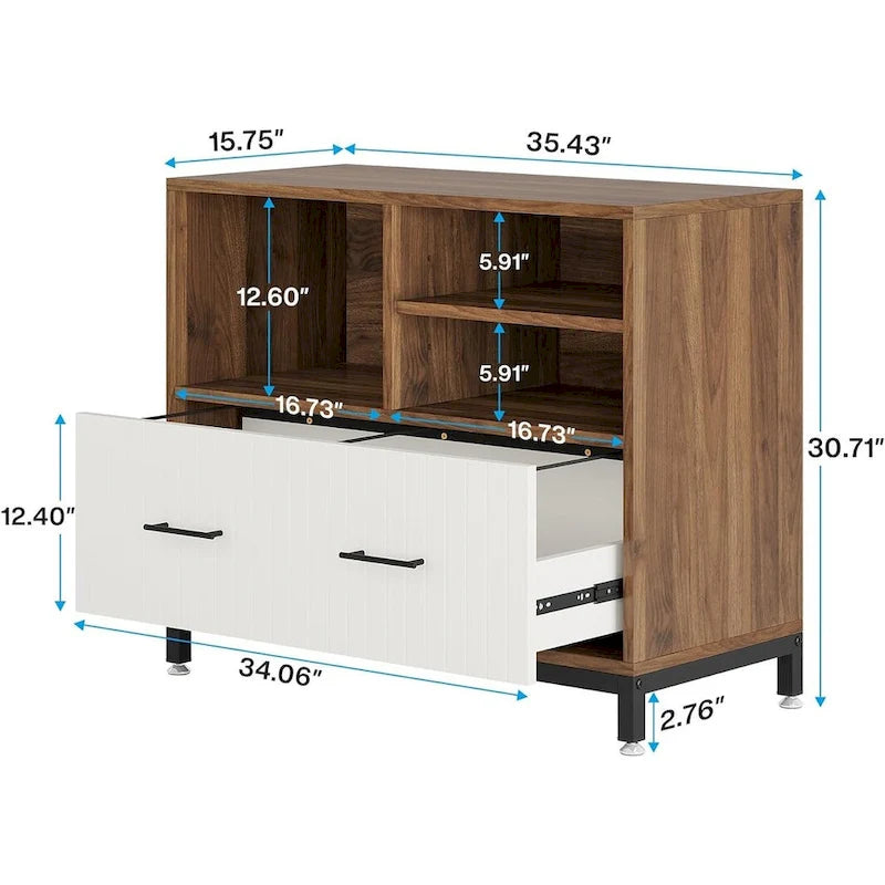Classeur latéral avec tiroir – Blanc / Marron, Style moderne, Simple