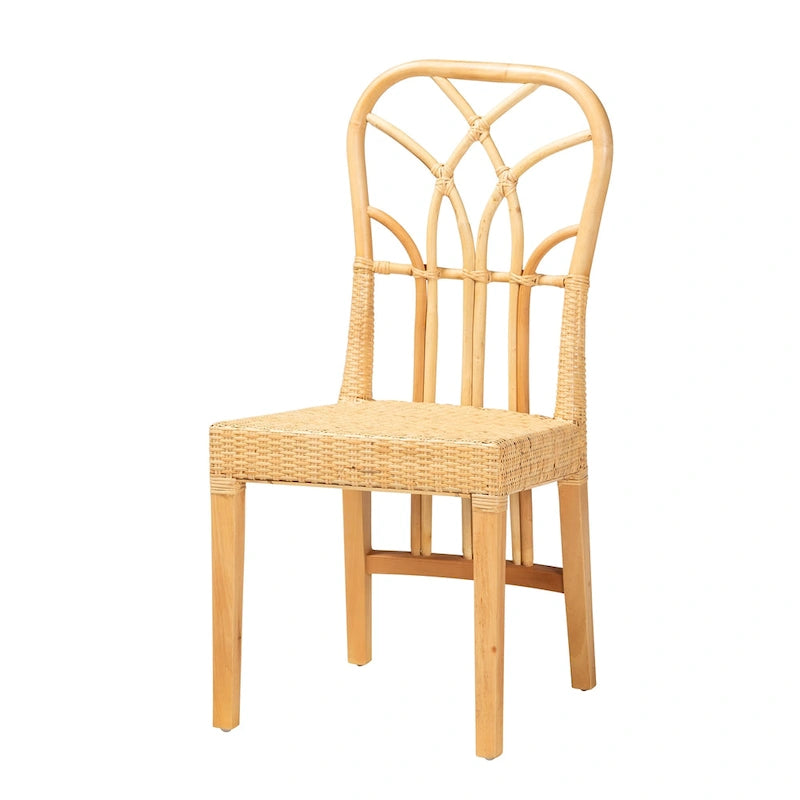 Chaise de salle à manger en rotin et acajou – Brun naturel / Brun chêne, style bohème, à l'unité